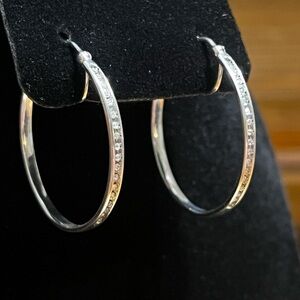 Sterling Silver 925 Diamond Accent Hoop Earrings Pavé Diamond Hoops 1”